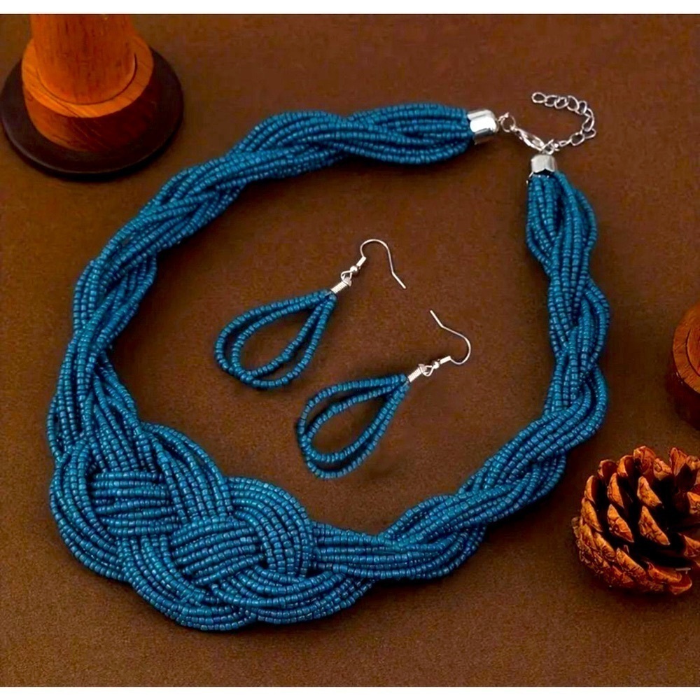 Boho Blue Beaded Braided Necklace with Matching Drop Hook Beaded Earrings